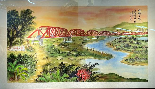 蔡俊章為本次個展特別繪製的「虹橋夕照」西螺大橋。（周麗蘭攝）