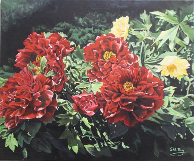 孙泗萍获日本NPO第23回国际书画交流展金牌奖作品《王与相系列—花开富贵》，油画，2022。（孙泗萍提供）