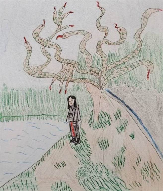 萧柏润用蜡笔描绘出韩剧「黑暗荣耀」中、对世界失望绝顶的霸凌氛围。（萧柏润的妈妈提供／袁庭尧高雄传真）