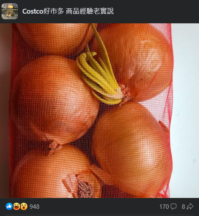 一位妈妈表示，她在好市多买的进口洋葱没多久就发芽，让她不知如何是好。（翻摄自Costco好市多 商品经验老实说脸书）