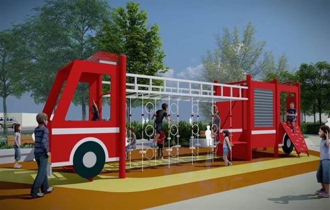  新建共融游戏场位于消防局第二大队旁边，公所、县府规画设计时融入「消防意象」。(彰化县政府提供／吴建辉彰化传真)