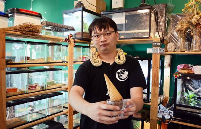 邱进浩结合冰品与爬虫类的喜好，于屏东市开设一处主要宣导生命教育的冰店。（林和生摄）