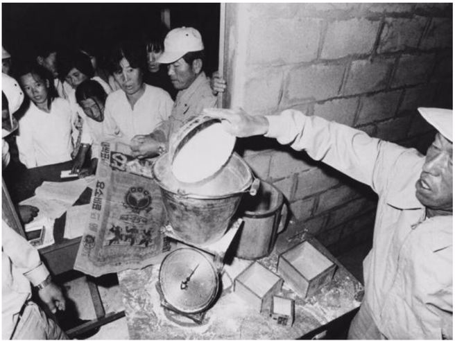 1946南韩民眾领取配给米。南韩在美军政府治理的3年，强制徵收农民作物、实施粮食配给、大量进口免费小麦，却仍然无法满足居民每日最低1500卡路里的热需求量，城市居民只好从黑市购取食物补充。而此段时间的台湾，在几乎完全没有外援的情况下，粮食自由买卖，虽然粮价因而高涨，但藉着丰富的杂粮，人均卡路里却能达到1700、1800，台居民因而免于饥饿。（图：UN／炳文提供）