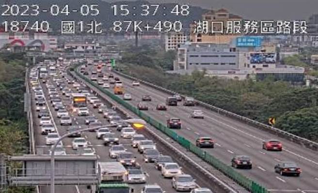 清明节连假收假日，国道北返车流涌现，5日午后国道3号北上新竹系统到湖口路段车多雍塞。（取自1968APP）