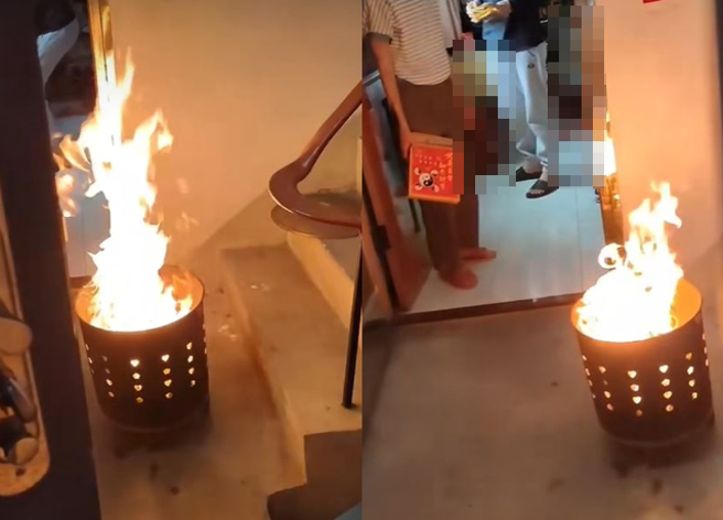 男子遇到对门邻居直接在楼梯间烧金纸，他向对方劝阻竟被呛「又不在你家客厅」。（翻摄自脸书爆料公社）