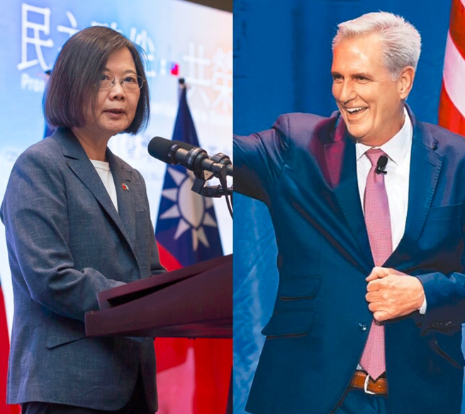 总统蔡英文(左)与美国眾议院议长麦卡锡(右)将在加州雷根总统图书馆会晤。（合成图／总统府提供、美联社）