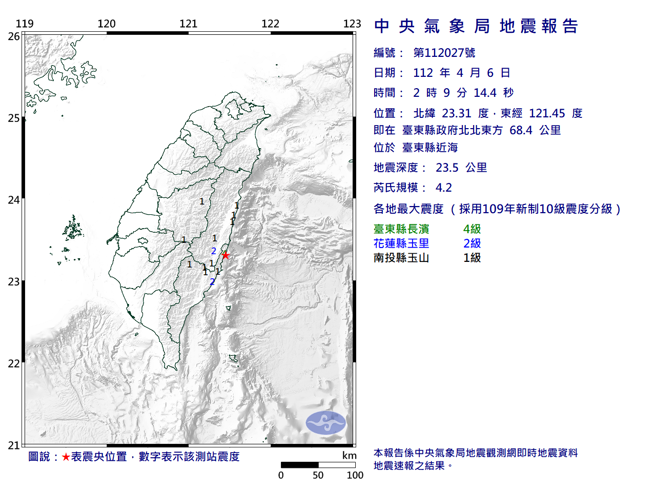 台東規模4.2地震 最大震度4級。(圖/氣象局)