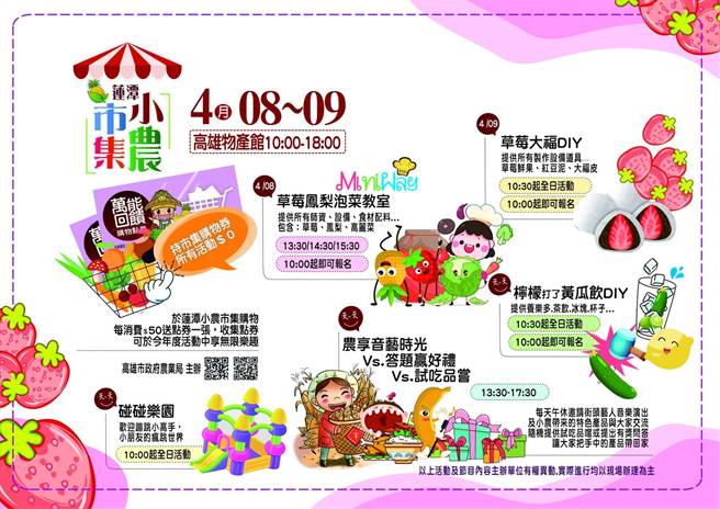  高雄物产馆「莲潭小农市集」本周末将以「高雄草莓季．草莓DIY体验大爆发」为主题热闹登场。（高雄市农业局提供／林雅惠传真）