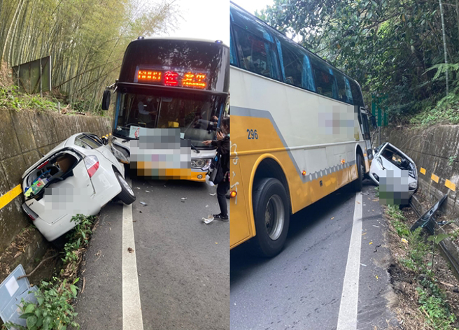 駕駛行經151縣道時，慘遭下山客運迎面撞擊並被拖行，最後車子卡在山溝，該客運才終於停下。（翻攝自臉書爆料公社）