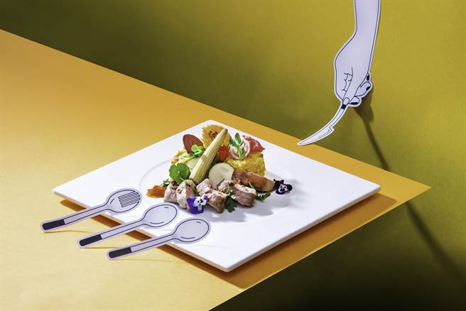 午间套餐「枫糖桂花猪里肌」结合南港区花桂花，并以花卉点缀提升视觉享受，售价1080元加1成。(老爷酒店集团提供)