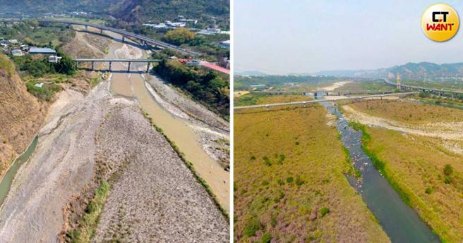 双十吊桥过去因位处青山绿水中而备受观光客青睐，但如今吊桥旁的大肚溪被土方填平，举目所及都是灰白色的大小砂石，生物栖地也受严重影响。（图／翻摄GOOGLE EARTH、读者提供，CTWANT合成）