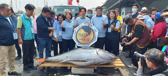  屏东「第一鲔」拍卖会7日下午在副总统赖清德与屏东县长周春米的主持下，最终由经营免税店的澎坊股份有限公司以1公斤1万200元夺标，破歷届拍卖纪录。（谢佳潾摄）