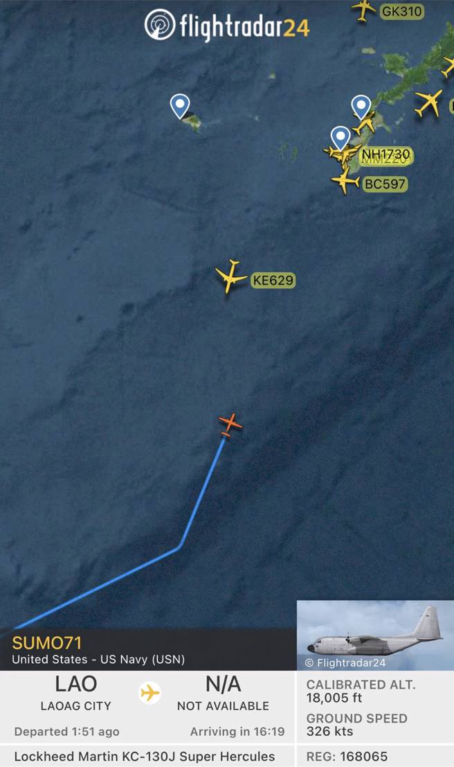 标红色者为美国KC130。（图／取自Flight radar24）