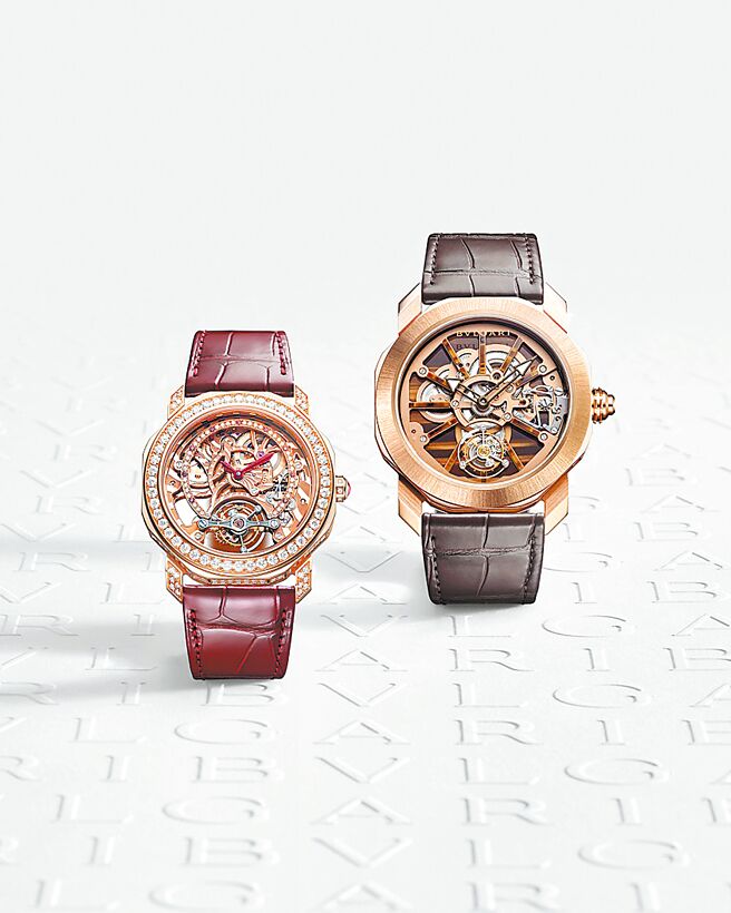 宝格丽Octo Roma Precious Toubillon LUMIERE 光之陀飞轮腕表（左）和Precious Naturalia陀飞轮腕表。（BVLGARI提供）