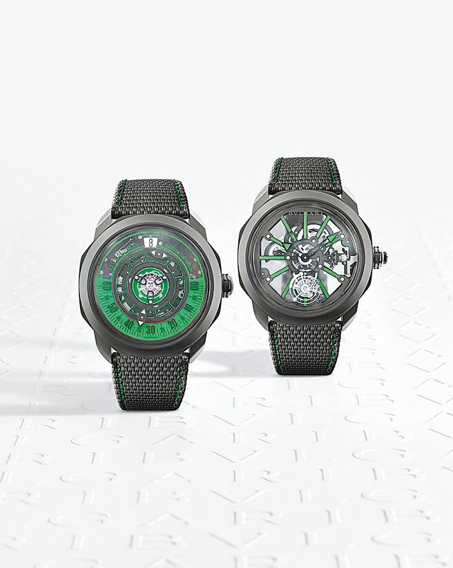 宝格丽Octo Roma Striking Papillon蝴蝶中置陀飞轮腕表（左）和水晶陀飞轮腕表。（BVLGARI提供）