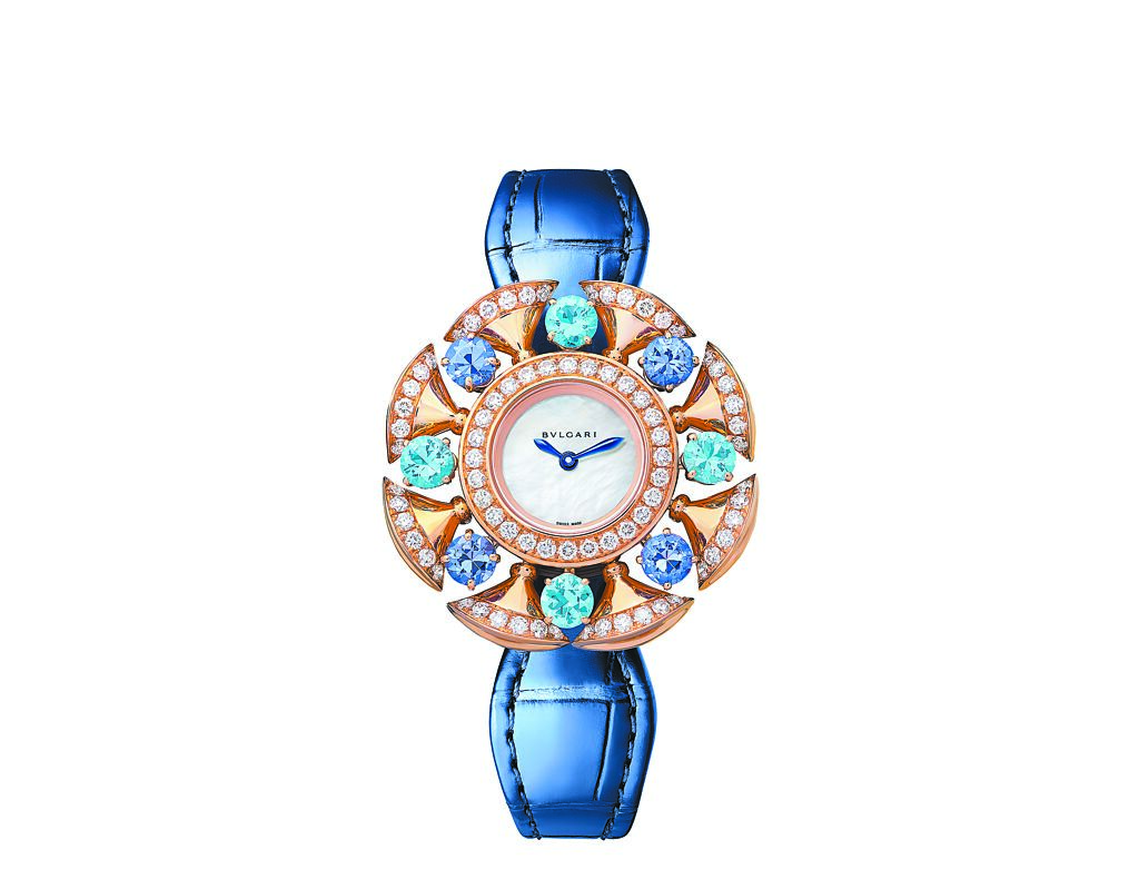 台北101 BVLGARI新品Divas’Dream拓帕石與坦桑石珠寶腕表，推薦價115萬1000元。（台北101提供）
