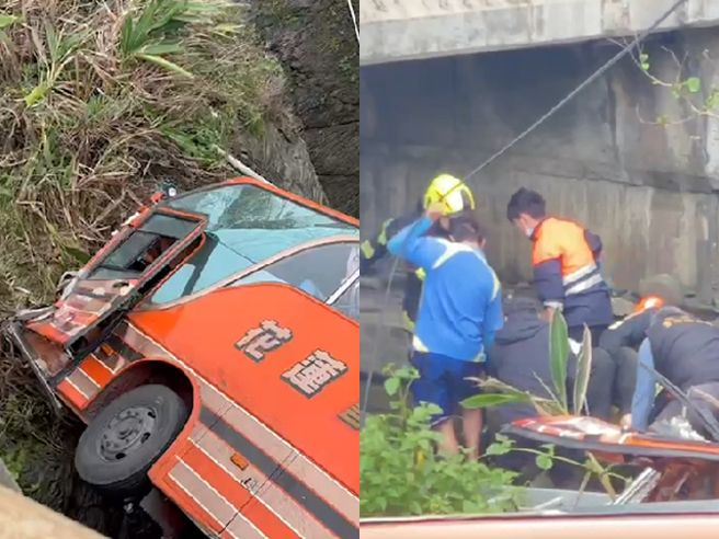 现场画面曝光，只见整辆客运横躺在桥下，挡风玻璃喷飞，车身疑似悬空，两侧车身卡在树丛中，数名搜救人员在客运下方的溪中用担架抬出喷飞的伤者。（丰滨乡公所提供）