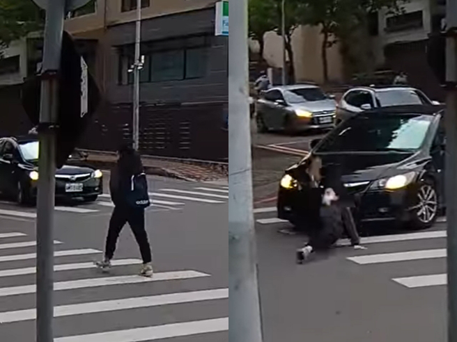 新竹宝山路发生一名女子绿灯走斑马线时，遭对面一辆右转轿车直接撞上，她先摔在引擎盖上再滑落路面，惊悚画面曝光。（翻摄自脸书「新竹爆料公社」）