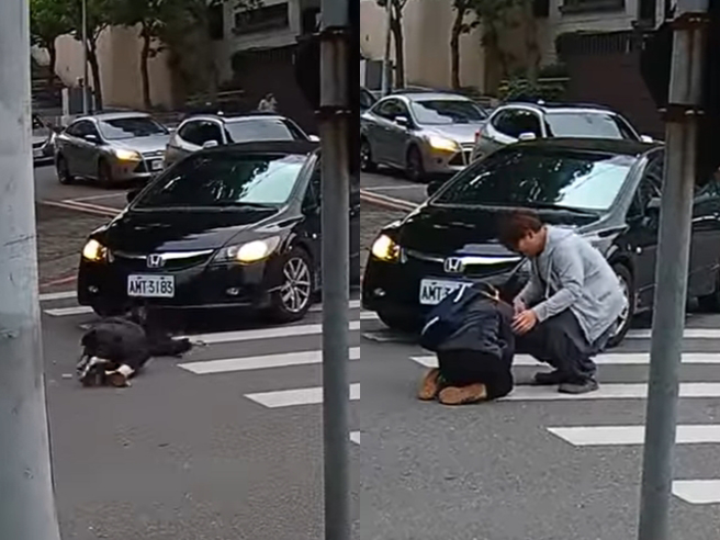 新竹宝山路发生一名女子绿灯走斑马线时，遭对面一辆右转轿车直接撞上，她先摔在引擎盖上再滑落路面，惊悚画面曝光。（翻摄自脸书「新竹爆料公社」）