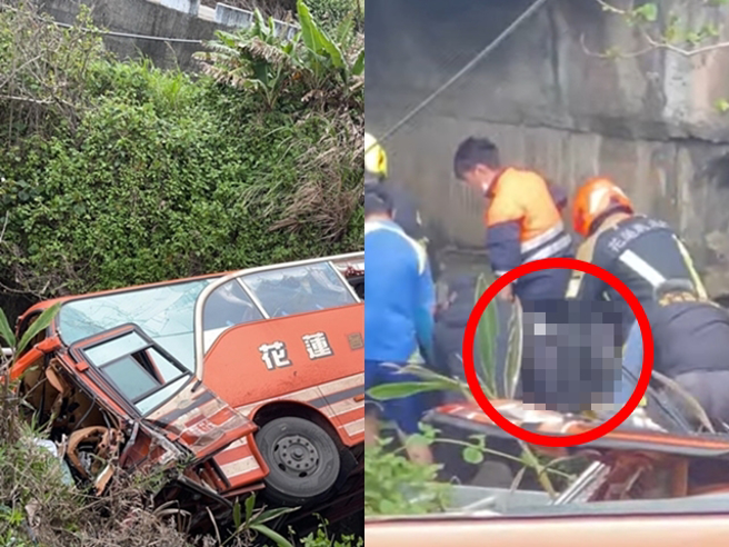 台11線花蓮豐濱鄉村今（8）早發生公車對撞轎車，一名女乘客被拋出車外、墜落溪谷，被警消吊掛救出時已無生命跡象。（豐濱鄉公所提供）