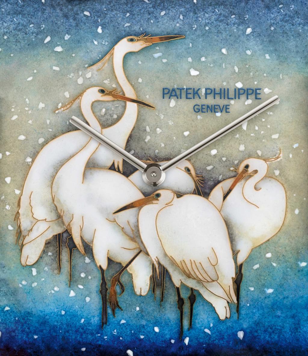 百達翡麗編號5738/50G-026「白鷺」（White Egrets）Golden Ellipse腕表，融入掐絲琺瑯工藝。（Patek Philippe提供)
