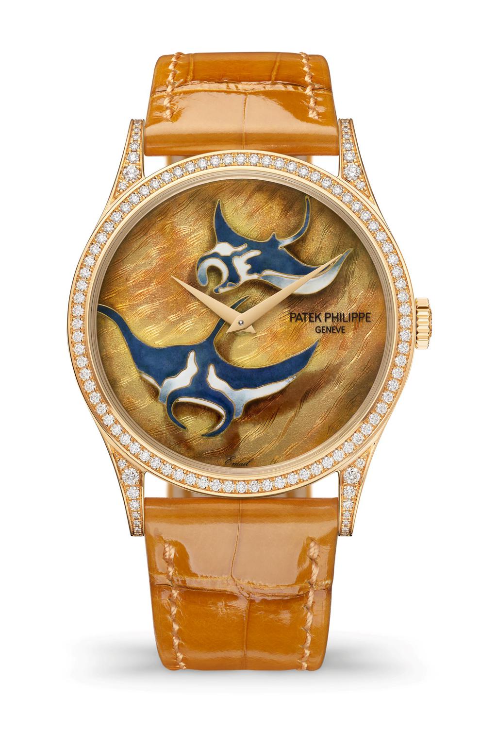 百達翡麗編號5077/100R-064 「海沙色面上的魔鬼魚」（Manta Rays on a Sand-Colored Ground） Calatrava腕表。（Patek Philippe提供)