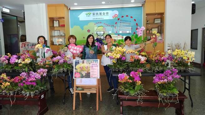 夫婦倆捐贈的蘭花擺放在北台南家扶中心等地，讓民眾選購。（吳宜菁提供／張毓翎台南傳真）