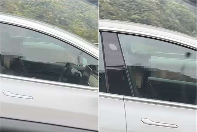 特斯拉國道狂飆！正副駕一路睡，畫面曝光網酸爆：自動駕死。(翻攝臉書爆料公社)