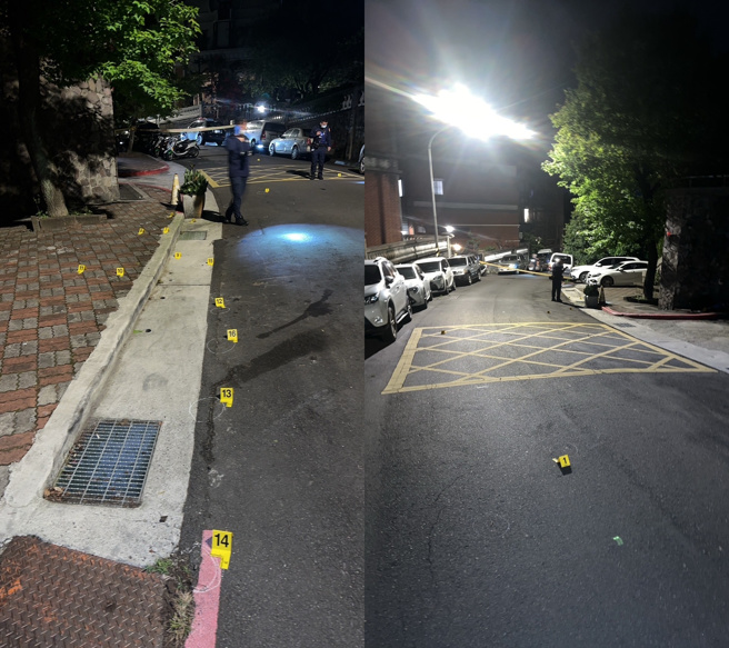 北市內湖深夜傳槍響男子腳部中彈送醫，警方在現場採證。（翻攝畫面）