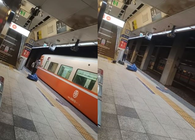 1名妇人在月台上来不及搭上火车，气得在月台来回踱步，怒摔行李。（翻摄自脸书爆废公社）