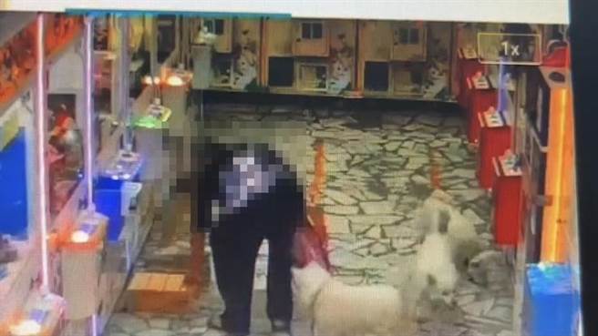 林男牵着3只狗狗跑到娃娃机店内，却顺手牵羊拿走饮料。（翻摄照片／高雄洪靖宜传真）