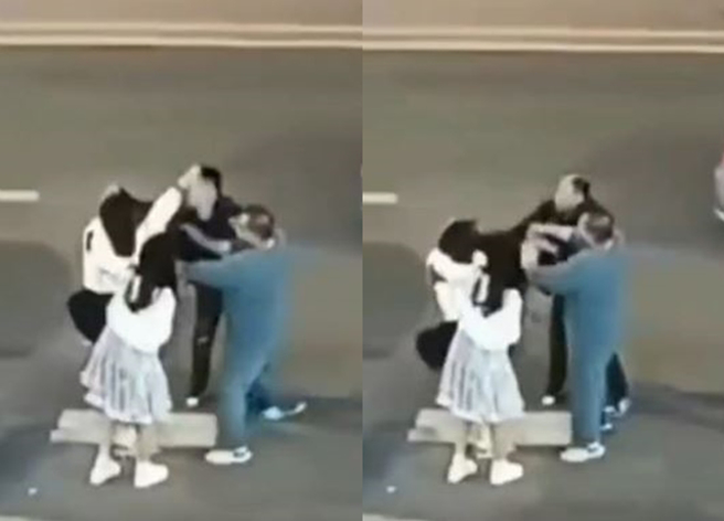 女子疑似遭到男子索吻，双方爆发拉扯衝突，而男子假髮也被拉扯下来。（翻摄自微博）