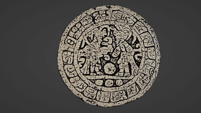 墨西哥考古学家最近在马雅文明古城奇琴伊察遗址发现一只圆石，石面雕刻繁复且有象形文字，非常少见。（图／路透社）