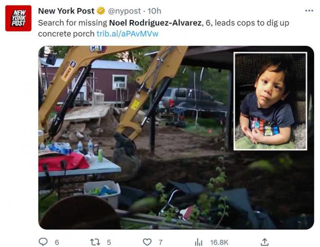 美国6岁男童诺艾尔失踪数月，母亲出国前曾花钱打造庭院露台，警方认为此举很可疑。 （图／翻摄自推特）