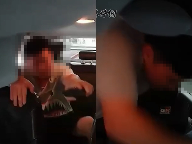 醉男失控朝司機暴打毆頭，疑似還掐對方脖子，司機當場哀號喊「你快下車，我不收你錢」，男子竟衝下車到駕駛座搶走司機手機。（翻攝自記者爆料網）