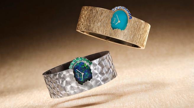 伯爵18K玫瑰金土耳其石表盘手鐲表与18K白金黑蛋白石表盘手鐲表。（PIAGET提供）