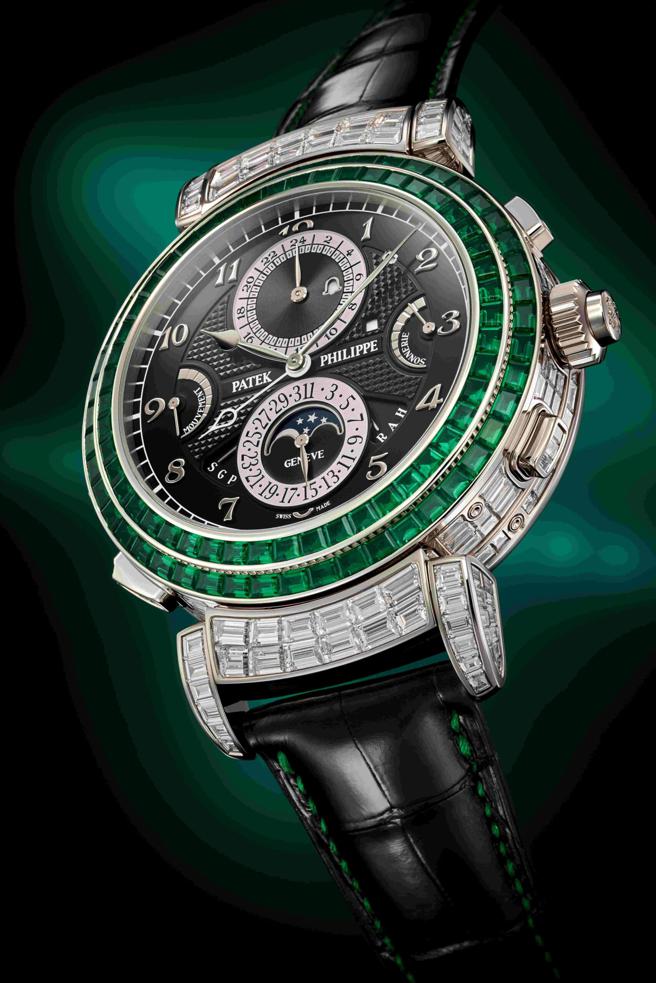 百达翡丽编号6300/403G-001大师报时高级珠宝腕表，镶嵌绿宝石和钻石，价格逾1.2亿元。(Patek Philippe提供)