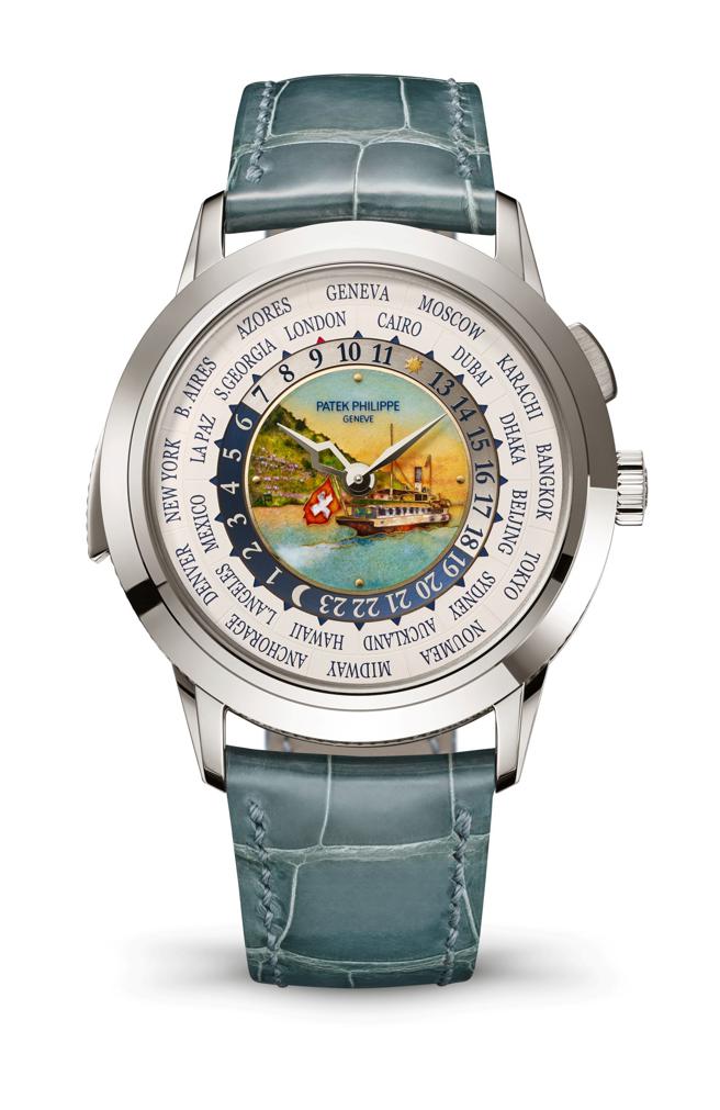 百达翡丽编号5531G-001世界时区三问表，是首款可时刻报上当地时间的三问时计，亦是首款世界时区三问白金腕表。(Patek Philippe提供)