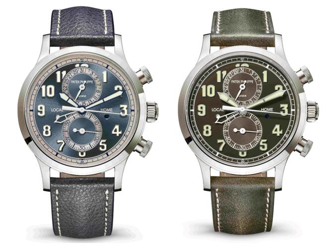 Calatrava编号5924G-001蓝面和5924G-010卡其绿面飞行员两地时间计时码表，让飞行表更加缤纷，221万4000元。(Patek Philippe提供)