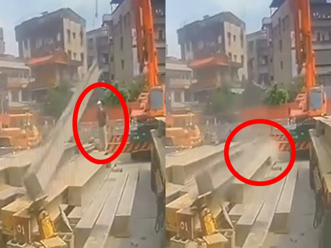 一名工人在指挥钢梁吊挂作业时，H型钢梁当场从空中松脱，一端疑似直接压在工人头上，工人当场消失在地面。（翻摄自记者爆料网）