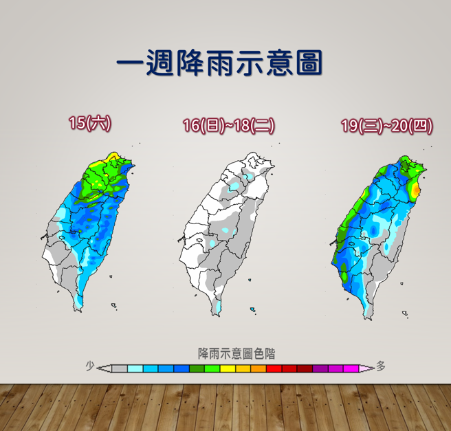 气象局分享未来一周降雨趋势，15日受到东北风和锋面的影响，各地降雨机率较高。（图／气象局提供）