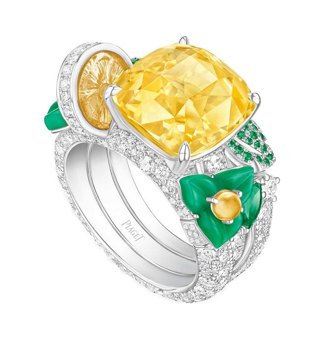 伯爵Lemon Fizz黄色蓝宝石鸡尾酒戒指，可拆换设计，约680万元。（PIAGET提供）