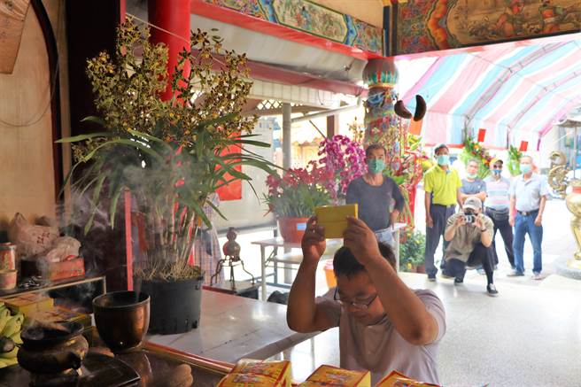 屏东九如乡北玄宫第25届「全国兰花选美大赛」全场总冠军16日在玄天上帝的指定下，由来自台中的「非洲豹纹兰」连掷7圣筊拿下。（谢佳潾摄）