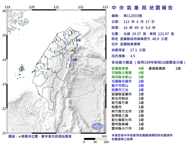 16：49宜蘭規模4.5地震 最大震度宜花4級（氣象局）