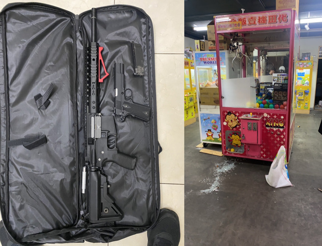 新北市汐止区1名无业的27岁李姓男子14日晚间持空气枪射破娃娃机玻璃后随即离开，但10分钟后警方即逮捕犯嫌当场查获2把空气枪。（简铭柱翻摄）