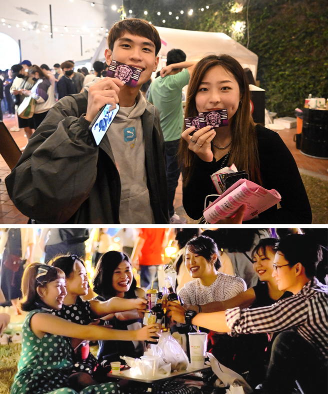 夜驳二派对现场宛如大型歌迷派对，手持票根即可兑换免费餐酒券，立刻补满演唱会消耗的能量，充足体力继续嗨整夜。(上：摄影/Carter；下：图片提供/高市府文化局)
