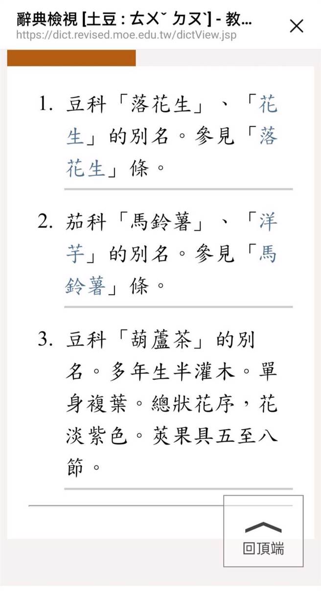 《教育部重编国语辞典修订本》，土豆底下的解释有3个。（图／取自教育部国语辞典修订本）