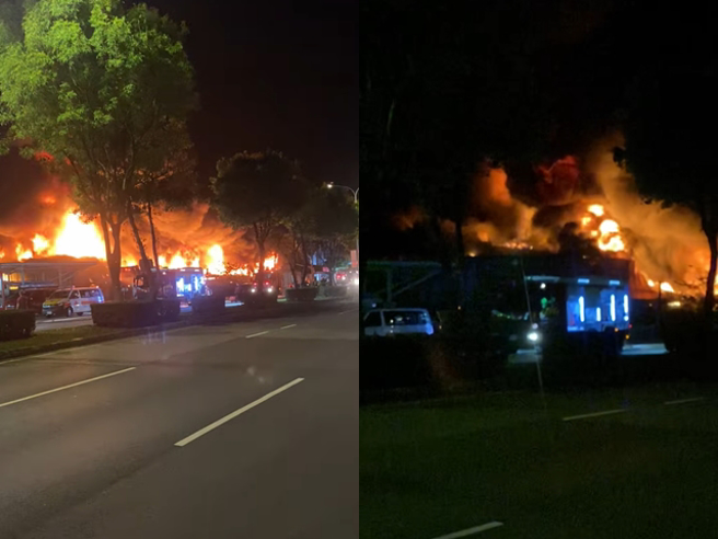 桃园市龟山区忠义路三段今（18）凌晨1点许一处铁皮工厂发生火警，桃园市消防局获报出动消防人员、各式车辆赶往灌救。（翻摄自脸书爆料公社）