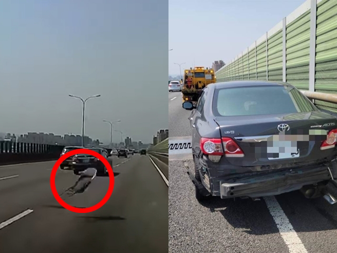 一辆轿车在快速变换车道时，未注意路中竟有「一个椅子」，辗过椅子后车辆失控衝向护栏、再撞分隔岛，保险杆、零件喷散路面，波及后方2辆车追撞。（翻摄自脸书「八卦村 - 行车纪录器影片上传中心」）