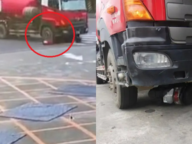 44岁男驾驶右转时疑因视线死角，先撞到65岁女骑士后，前后轮在辗过对方下半身，女子当场重伤昏过去，送医后右脚截肢、左脚骨折。（翻摄自记者爆料网）